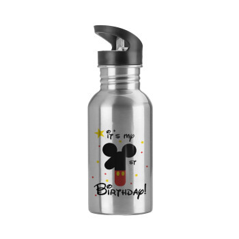 Disney look (Number) Birthday, Water bottle Silver with straw, stainless steel 600ml