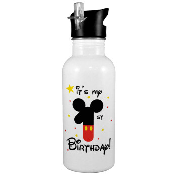 Disney look (Number) Birthday, White water bottle with straw, stainless steel 600ml