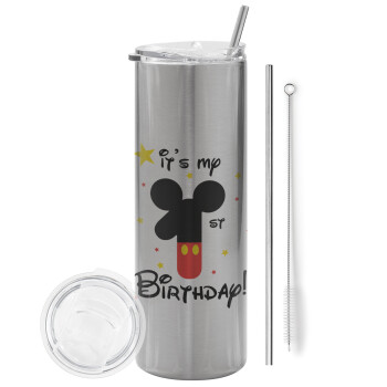 Disney look (Number) Birthday, Eco friendly ποτήρι θερμό Ασημένιο (tumbler) από ανοξείδωτο ατσάλι 600ml, με μεταλλικό καλαμάκι & βούρτσα καθαρισμού
