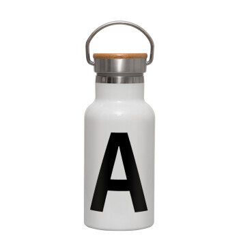 Μονόγραμμα , Metallic thermos (Stainless steel) White with wooden lid (bamboo), double-walled, 350ml