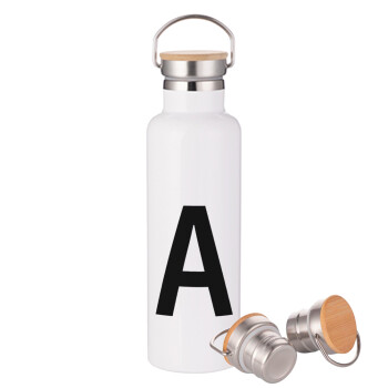 Μονόγραμμα , Stainless steel White with wooden lid (bamboo), double wall, 750ml