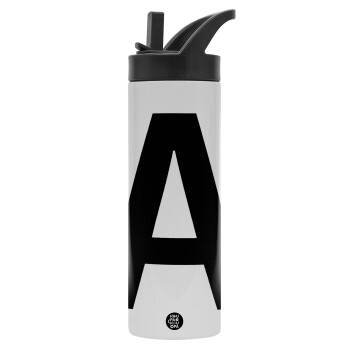 Μονόγραμμα , Metallic thermos bottle with straw & handle, stainless steel (Stainless steel 304), double-walled, 600ml.