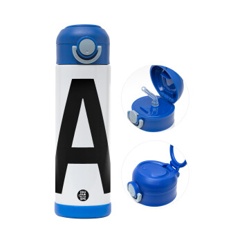 Μονόγραμμα , Children's hot water bottle, stainless steel, with safety straw, BLUE (500ml)