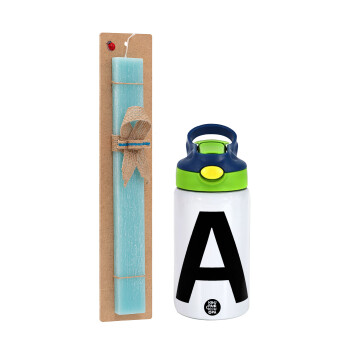 Μονόγραμμα , Πασχαλινό Σετ, Παιδικό παγούρι θερμό, ανοξείδωτο, με καλαμάκι ασφαλείας, πράσινο/μπλε (350ml) & πασχαλινή λαμπάδα αρωματική πλακέ (30cm) (ΤΙΡΚΟΥΑΖ)