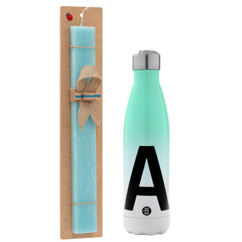 Μονόγραμμα , Easter Set, Metallic green/white thermos (Stainless steel), double-walled, 500ml & scented flat Easter candle (30cm) (TURQUOISE)