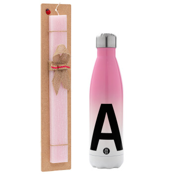 Μονόγραμμα , Easter Set, Metallic pink/white (Stainless steel) thermos, double-walled, 500ml & aromatic flat Easter candle (30cm) (PINK)