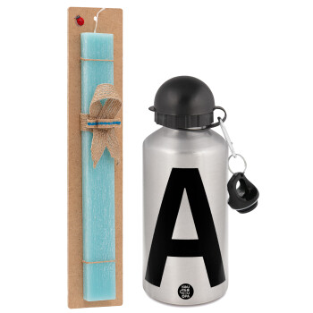 Μονόγραμμα , Easter Set, metallic silver aluminum water bottle (500ml) & scented flat Easter candle (30cm) (TURQUOISE)