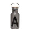 Stainless steel metallic thermos flask, silver with a bamboo lid, double-walled, 350ml.