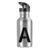 Water bottle Silver with straw, stainless steel 600ml