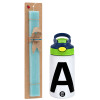 Easter Set, Children's thermal stainless steel bottle with safety straw, green/blue (350ml) & aromatic flat Easter candle (30cm) (TURQUOISE)