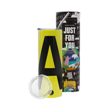 Μονόγραμμα , Neon Yellow Travel Tumbler, with metal straw (Stainless steel 304 Food grade, BPA free, 600ml)