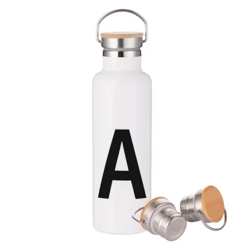 Μονόγραμμα , Μεταλλικό παγούρι θερμός (Stainless steel) Λευκό με ξύλινο καπάκι (bamboo), διπλού τοιχώματος, 750ml