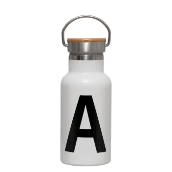 Μονόγραμμα , Metallic thermos (Stainless steel) White with wooden lid (bamboo), double-walled, 350ml