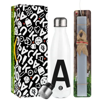 Μονόγραμμα , Easter candle, metallic white thermos bottle (500ml) & aromatic flat candle (30cm) (GRAY)