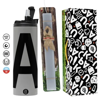 Μονόγραμμα , Πασχαλινή Λαμπάδα με Travel Tumbler θερμό (600ml, BPA free) & κερί αρωματικό πλακέ (30cm) (ΓΚΡΙ)