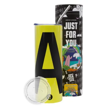 Μονόγραμμα , Neon Yellow Travel Tumbler θερμό, μεταλλικό καλαμάκι(Ανωξείδωτο 304 Food grade, BPA free, 600ml)