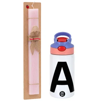 Μονόγραμμα , Πασχαλινή Λαμπάδα με Παιδικό παγούρι θερμό, ανοξείδωτο, με καλαμάκι ασφαλείας, ροζ/μωβ (350ml) & κερί αρωματικό πλακέ (30cm) (ΡΟΖ)