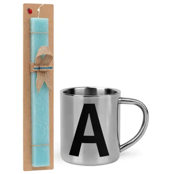Μονόγραμμα , Easter Set, metallic thermal cup (300ml) & aromatic flat Easter candle (30cm) (TURQUOISE)
