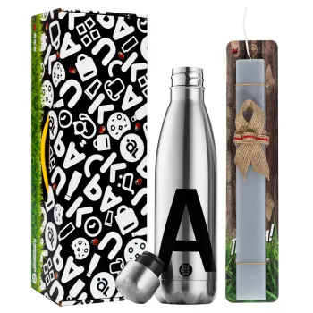 Μονόγραμμα , Easter Set, metallic stainless thermos flask (500ml) & scented flat Easter candle (30cm) (GRAY)