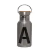 Stainless steel metallic thermos flask, silver with a bamboo lid, double-walled, 350ml.