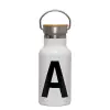 Metallic thermos (Stainless steel) White with wooden lid (bamboo), double-walled, 350ml