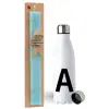 Easter Set, metallic stainless steel water bottle (750ml) & aromatic flat Easter candle (30cm) (TURQUOISE)