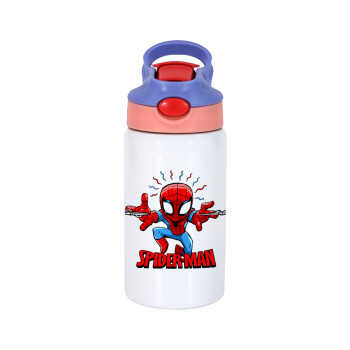 Spiderman flying, Children's hot water bottle, stainless steel, with safety straw, pink/purple (350ml)