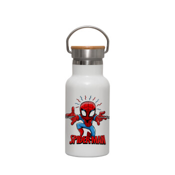 Spiderman flying, Μεταλλικό παγούρι θερμός (Stainless steel) Λευκό με ξύλινο καπακι (bamboo), διπλού τοιχώματος, 350ml
