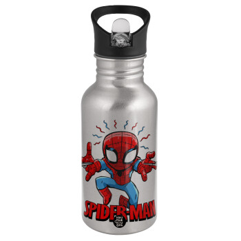 Spiderman flying, Water bottle Silver with straw, stainless steel 500ml