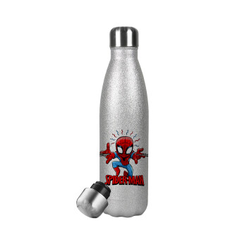 Spiderman flying, Μεταλλικό παγούρι θερμός Glitter Aσημένιο (Stainless steel), διπλού τοιχώματος, 500ml