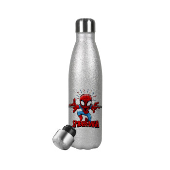Spiderman flying, Metallic Glitter Silver Thermos Flask (Stainless steel), double-walled, 500ml