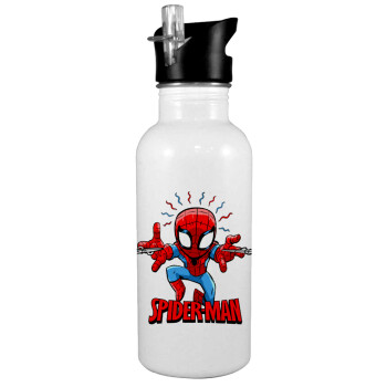 Spiderman flying, White water bottle with straw, stainless steel 600ml