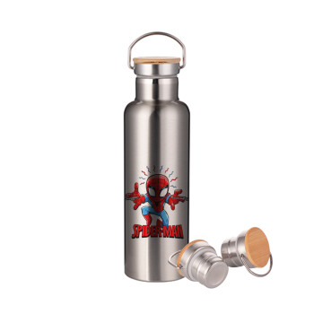 Spiderman flying, Stainless steel Silver with wooden lid (bamboo), double wall, 750ml