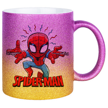 Spiderman flying, Κούπα Χρυσή/Ροζ Glitter, κεραμική, 330ml