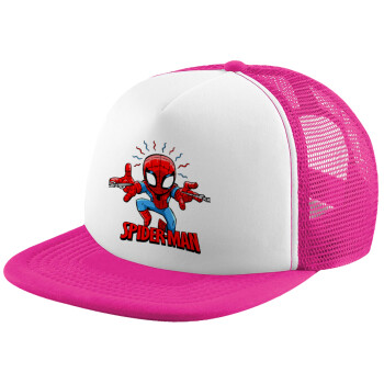 Spiderman flying, Καπέλο Ενηλίκων Soft Trucker με Δίχτυ Pink/White (POLYESTER, ΕΝΗΛΙΚΩΝ, UNISEX, ONE SIZE)