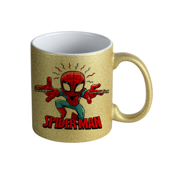 Spiderman flying, Κούπα Χρυσή Glitter που γυαλίζει, κεραμική, 330ml