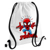 Spiderman flying, Τσάντα πλάτης πουγκί GYMBAG λευκή, με τσέπη (40x48cm) & χονδρά κορδόνια