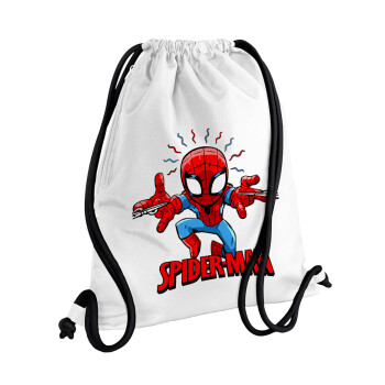 Spiderman flying, Τσάντα πλάτης πουγκί GYMBAG λευκή, με τσέπη (40x48cm) & χονδρά κορδόνια