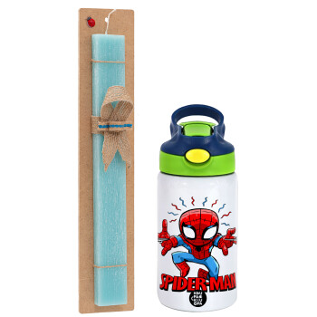Spiderman flying, Easter Set, Children's thermal stainless steel bottle with safety straw, green/blue (350ml) & aromatic flat Easter candle (30cm) (TURQUOISE)