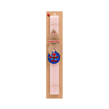 Spiderman flying, Πασχαλινό Σετ, ξύλινο μπρελόκ & πασχαλινή λαμπάδα αρωματική πλακέ (30cm) (ΡΟΖ)