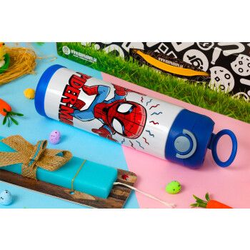 Spiderman flying, Πασχαλινή Λαμπάδα με Παιδικό παγούρι θερμό, ανοξείδωτο, με καλαμάκι ασφαλείας, ΜΠΛΕ (500ml)