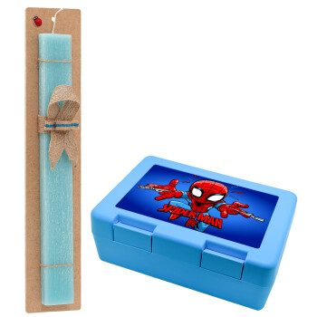 Spiderman flying, Πασχαλινό Σετ, παιδικό δοχείο κολατσιού ΓΑΛΑΖΙΟ & πασχαλινή λαμπάδα αρωματική πλακέ (30cm) (ΤΙΡΚΟΥΑΖ)