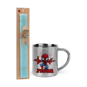 Spiderman flying, Πασχαλινό Σετ, μεταλλική κούπα θερμό (300ml) & πασχαλινή λαμπάδα αρωματική πλακέ (30cm) (ΤΙΡΚΟΥΑΖ)