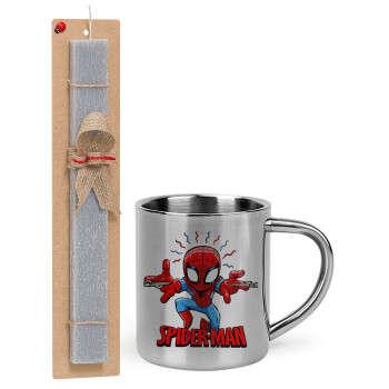 Spiderman flying, Πασχαλινό Σετ, μεταλλική κούπα θερμό (300ml) & πασχαλινή λαμπάδα αρωματική πλακέ (30cm) (ΓΚΡΙ)