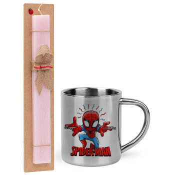 Spiderman flying, Πασχαλινό Σετ, μεταλλική κούπα θερμό (300ml) & πασχαλινή λαμπάδα αρωματική πλακέ (30cm) (ΡΟΖ)