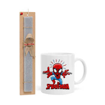 Spiderman flying, Πασχαλινό Σετ, Κούπα κεραμική (330ml) & πασχαλινή λαμπάδα αρωματική πλακέ (30cm) (ΓΚΡΙ)
