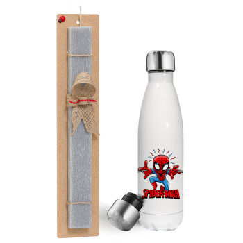 Spiderman flying, Πασχαλινή λαμπάδα, μεταλλικό παγούρι θερμός λευκός (500ml) & λαμπάδα αρωματική πλακέ (30cm) (ΓΚΡΙ)