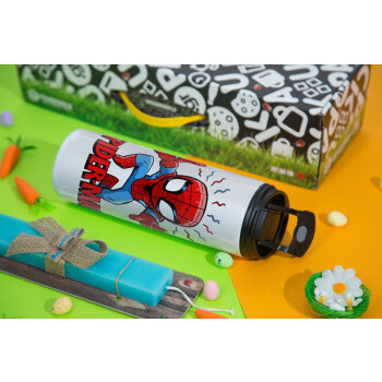 Spiderman flying, Easter candle,Travel Tumbler 2 Lids, with metal straw & cleaning brush & aromatic flat candle (30cm) (BLUE)