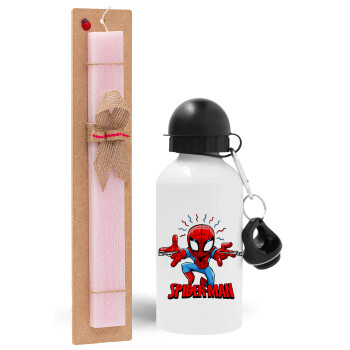 Spiderman flying, Πασχαλινό Σετ, παγούρι μεταλλικό αλουμινίου (500ml) & πασχαλινή λαμπάδα αρωματική πλακέ (30cm) (ΡΟΖ)