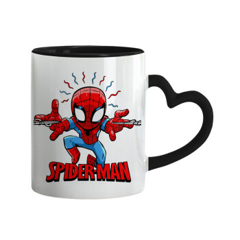 Spiderman flying, Mug heart black handle, ceramic, 330ml